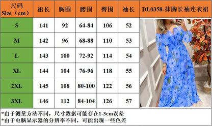 Women's Dresses 2022 Summer Vintage Print Off The Shoulder Casual V Neck Long Sleeved Waist Slim Maxi Dress