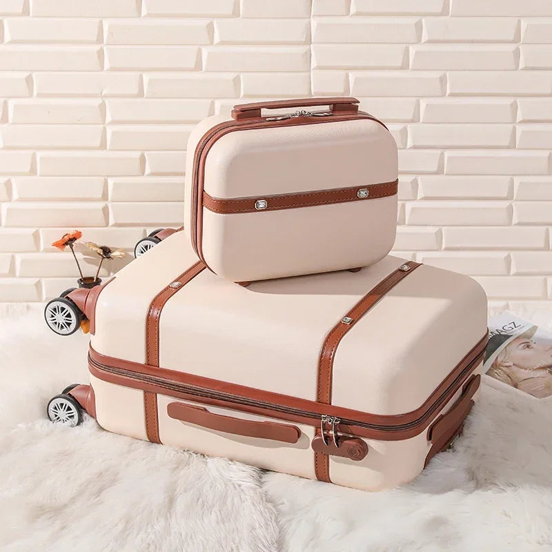 Rolling Luggage Set Women's Fashion Combination Lock Travel Suitcase Set Universal Cosmetic Bag Retro 2-Piece Trolley Luggage Set