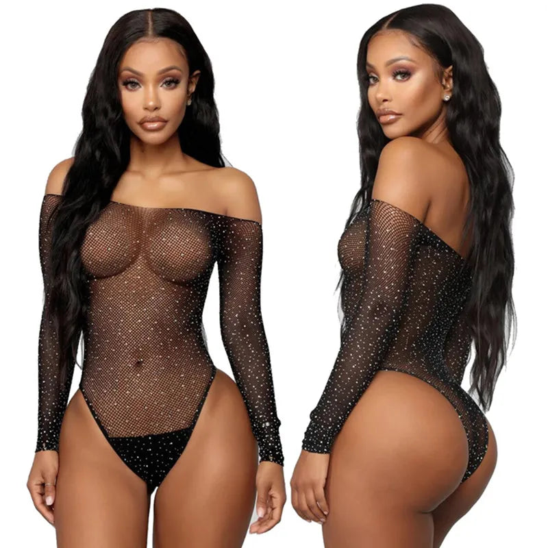 2022 Elegant Women Sexy Bodysuit Black Romper Night Party Sequins Long Sleeves Top Rhinestones Perspective Erotica Body Jumpsuit