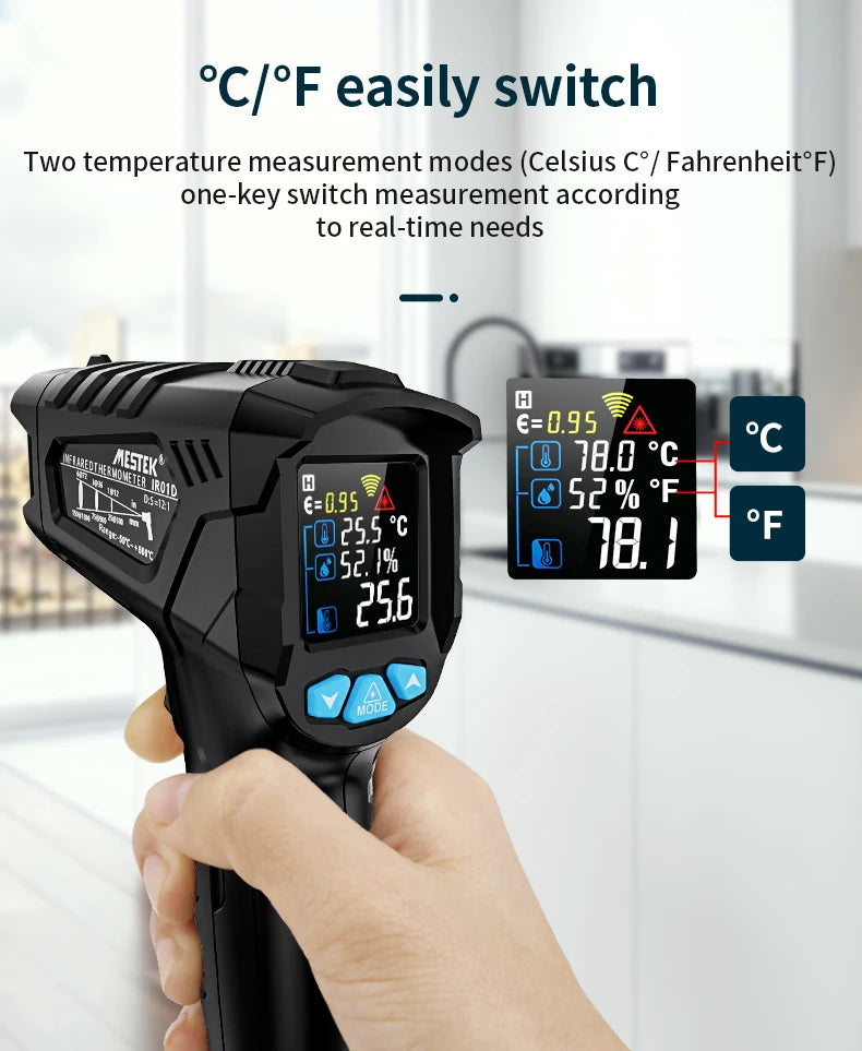 Termómetro infrarrojo digital Mestek de -50 a 800 grados, medidor de temperatura láser, pirómetro sin contacto, higrómetro, termómetro infrarrojo.
