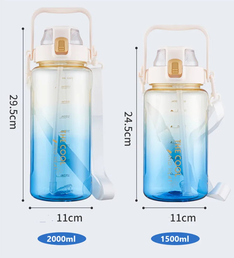 2000ml High Quality Sport Water Bottle With Straw Gym Fitness Outdoor Camping Cycling Hiking Drinking Plastic Bottles With Strap