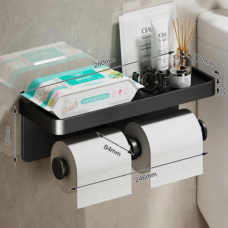 Black Gold Toilet Paper Holder Bathroom Wall Mount Multifunction WC Paper Phone Holder Shelf Towel Roll Shelf Accessories
