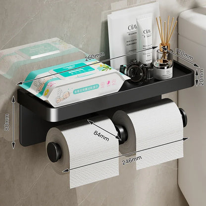 Black Gold Toilet Paper Holder Bathroom Wall Mount Multifunction WC Paper Phone Holder Shelf Towel Roll Shelf Accessories