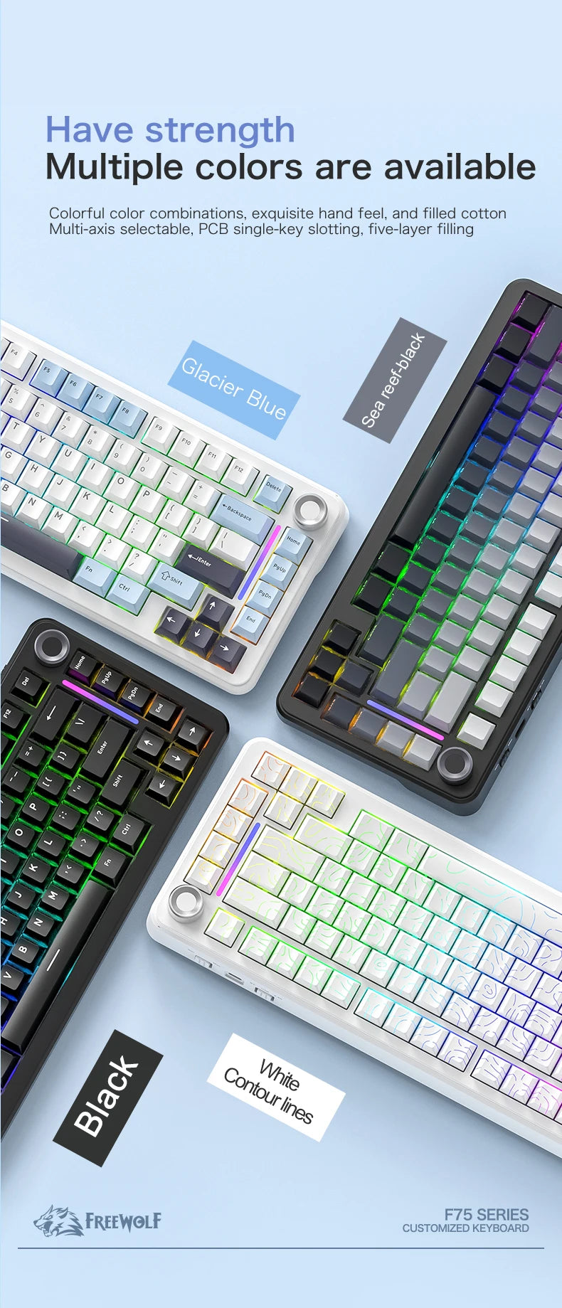 75% Hot-Swap Gaming Keyboard, Wireless FREEWOL F75 RGB Mechanical Keyboard with Metal Knobs, AULA F75 Same Model, Tri-Mode, 4000 mAh