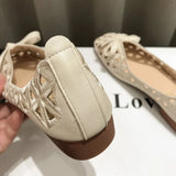 2025 New French Style Bow Flat Sandals Women Geometric Cut-Out Peep-Toe Breathable Summer Beige Shoes for Dresses