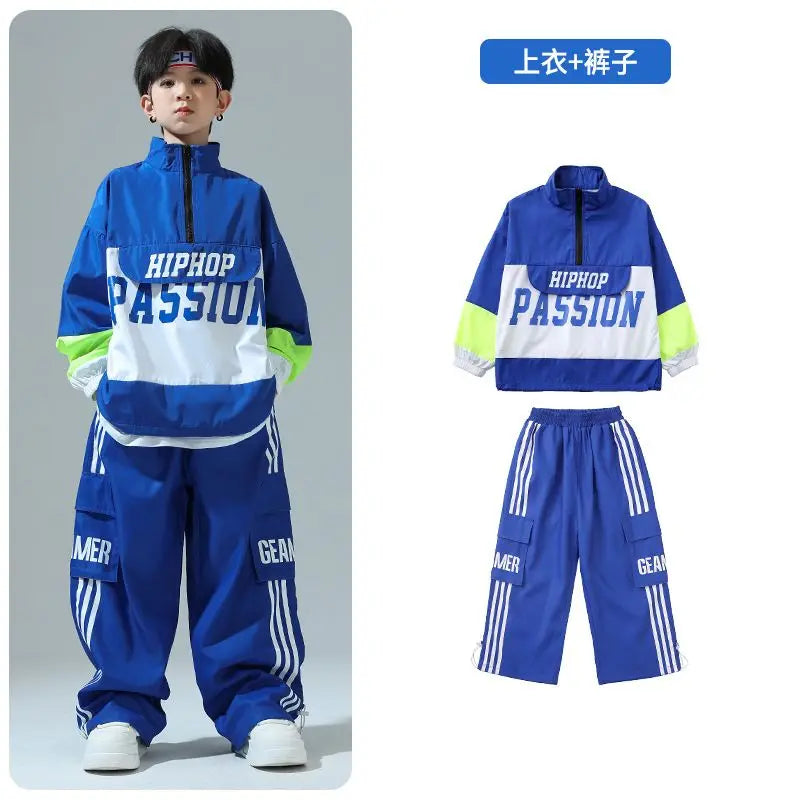 Boys Hip Hop Pullover Street Dance Cargo Pants Girls High Collar Sweatshirt Outfits Kids Jazz Sport Clothes Set Child Streetwear