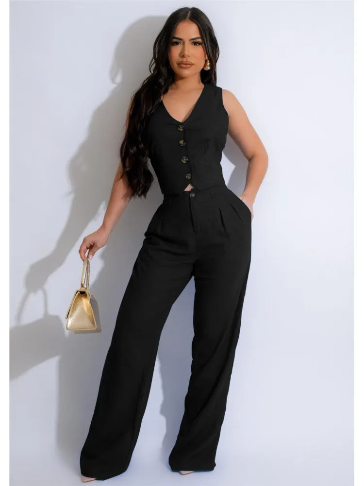 Fashion Sleeveless Vest Pants Women Solid Color Suit Spring Summer V Neck Ultra Short Top + Slim Pants Female Office 2 Piece Set