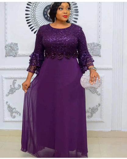 L-3XL African Dresses for Women Spring Autumn African Women Three Quarter Sleeve Polyester Solid Color Long Dress Maxi Dress