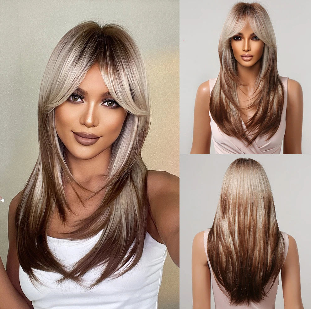 Light Wine Red Synthetic Wigs With Bangs for Women, Long Straight Hair Wig, Natural Cosplay Party, Heat Resistant