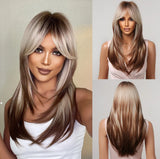 Light Wine Red Synthetic Wigs With Bangs for Women, Long Straight Hair Wig, Natural Cosplay Party, Heat Resistant
