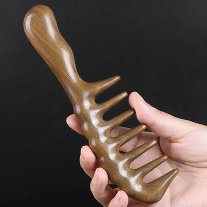 Peine de madera de sándalo verde natural hecho a mano para cabello rizado con dientes anchos, cepillo de masaje desenredante de madera antiestático para mujeres.