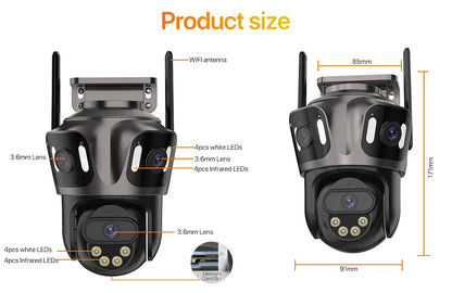 Three Screen WIFI IP Camera Outdoor 4K Dual Lens PTZ Camera Ai Human Detection IP66 Waterproof CCTV Video Security Camera iCsee
