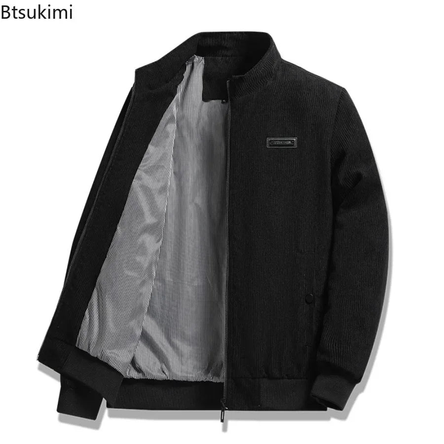 2024 Men's Casual Warm Jacket Spring Autumn Solid Color Stand Bomber Coat Men Corduroy Outwear Fashion Zipper Slim Jacket Men