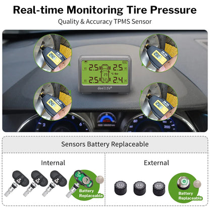 Deelife Car Tire Pressure Monitoring System Solar TPMS Tire Pressure Monitor Tire Pressure Control System