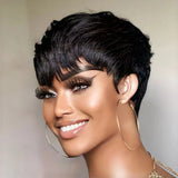 Short Pixie Cut Human Hair Wig for Black Women, Machine-Made Wigs with Bangs, Short Human Hair Wigs