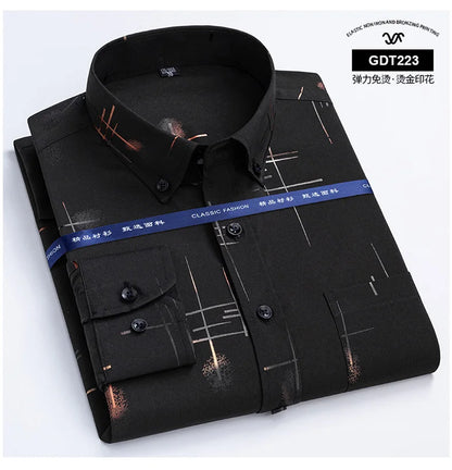 Latest Men's Dress Shirts Spring Autumn Non-iron Anti-wrinkle Business Casual Print Thin Plaid Soft Slim Fit Chemise Homme