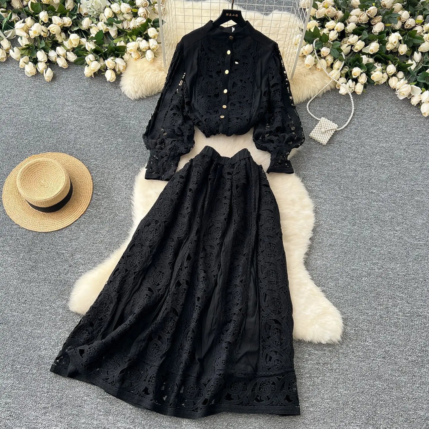 Autumn Crochet White Lace Embroidery 3 Pieces Sets Women Dress Suits Hollow Out Loose Shirt Top Elastic Waist Maxi Skirt Suit