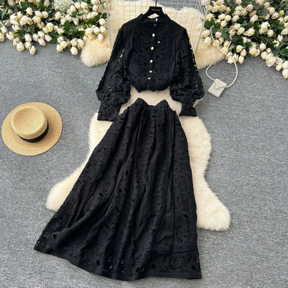 Autumn Crochet White Lace Embroidery 3 Pieces Sets Women Dress Suits Hollow Out Loose Shirt Top Elastic Waist Maxi Skirt Suit