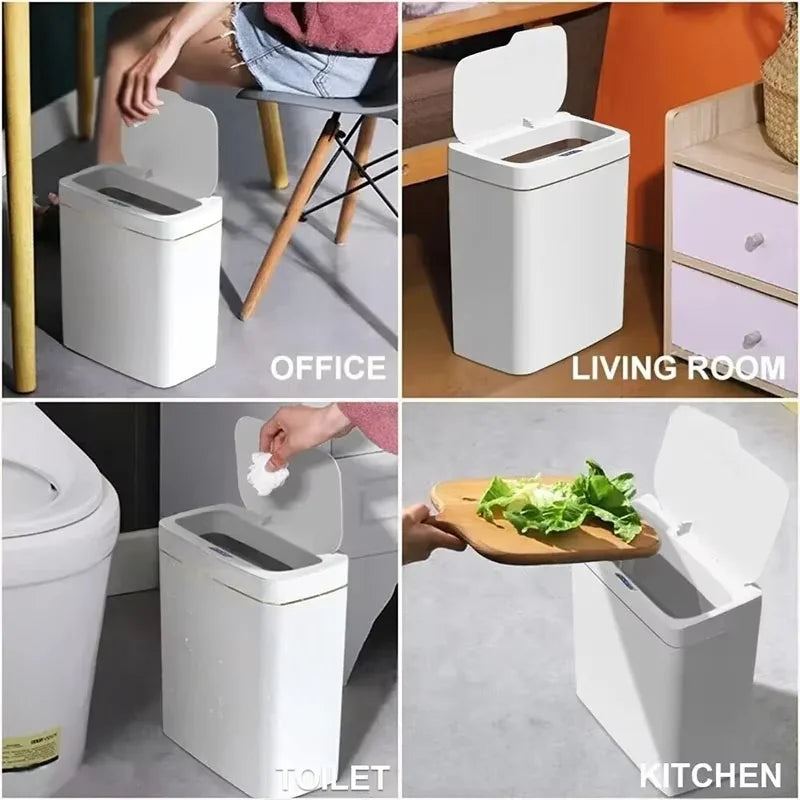 Cubo de basura inteligente para baño de 15L, blanco, sin contacto, estrecho, con sensor inteligente, para casa inteligente, con embolsado automático, cubo de basura electrónico