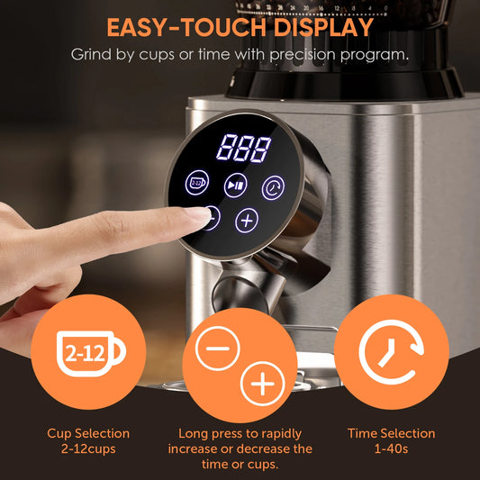 BioloMix Automatic Burr Mill Electric Coffee Grinder CG210 with 48 Grind Settings Adjustable for Espresso American Coffee
