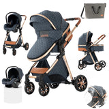 Cochecito de bebé ligero 3 en 1, sistema de viaje de lujo con asiento ajustable, capota y mosquitera para recién nacidos.