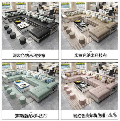 MINGDIBAO Fabric Sofa Set Furniture Living Room Sofa Set with USB and Stools / Big U Shape Cloth Couch Sofas for Home Furniture