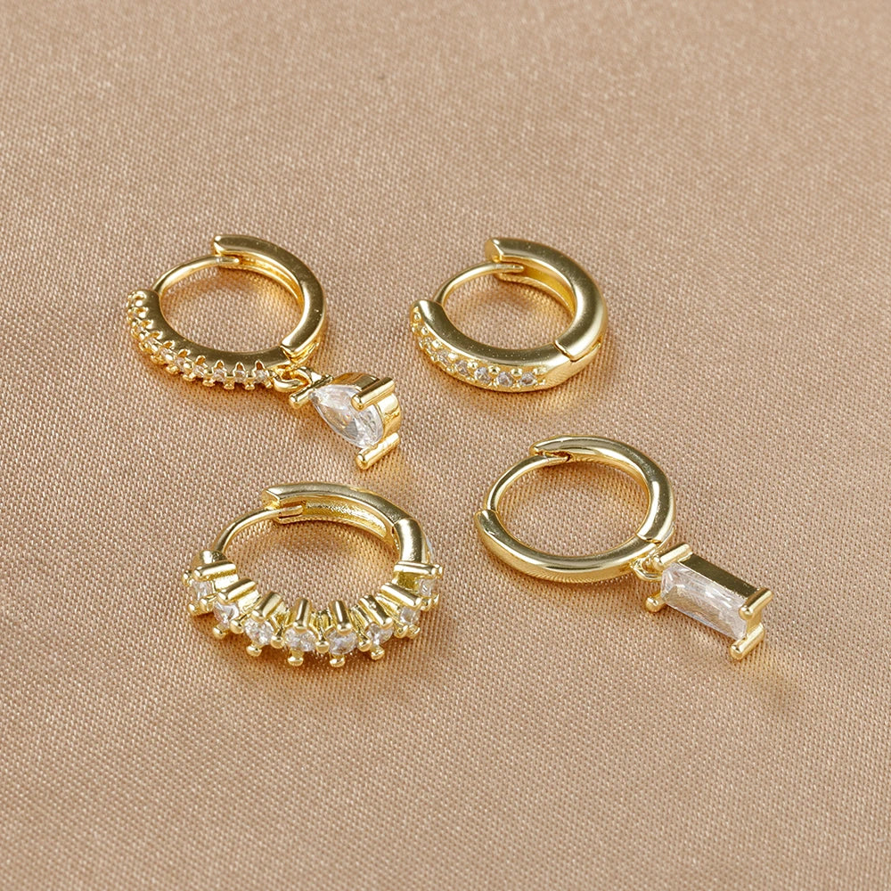 4PCS Colorful Cubic Zirconia Stainless Steel Hoop Earrings Set for Women Pendant Water Drop Earring Cartilage Piercing Jewelry