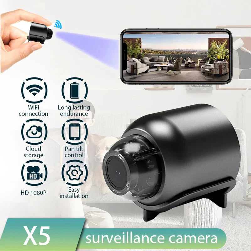Minicámara inalámbrica X5 de 1080P para vigilancia, videocámara de seguridad con visión nocturna y detección de movimiento, monitor para casa inteligente.