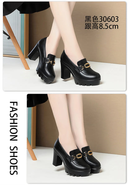 Zapato de piel suave negro para mujer, tacón de bloque 2024, plataforma gruesa, modelo oficina, trabajo, tacones altos de 6,5 cm y 8 cm, Grace