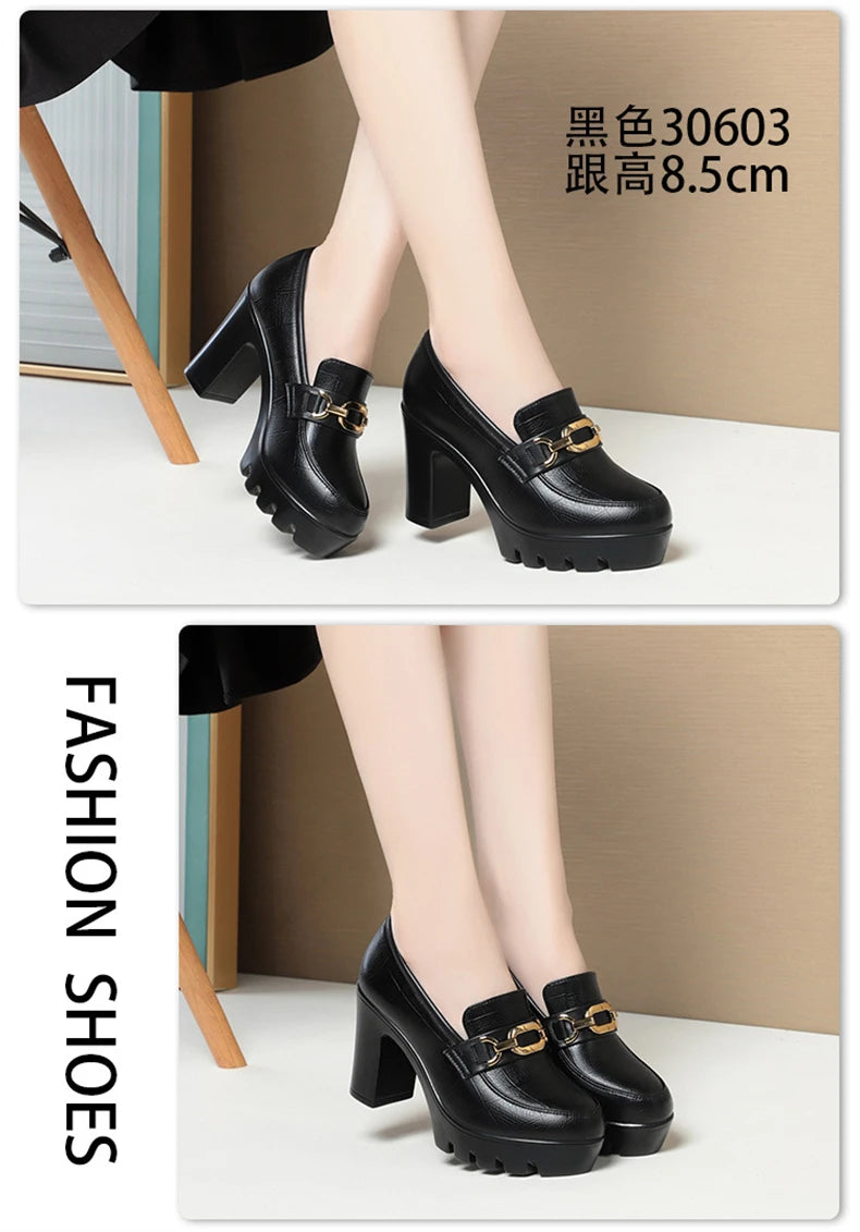 Soft Leather Black Shoe Woman Block Pumps 2024 Thick Bottom Platform Shoes Model Office Work 6.5 cm 8 cm High Heels Grace