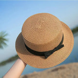COKPanama Simple Summer Beach Sun Protection Bowknot French-Style Small Hat, Women's Casual Flat-Brimmed Straw Hat with Bow