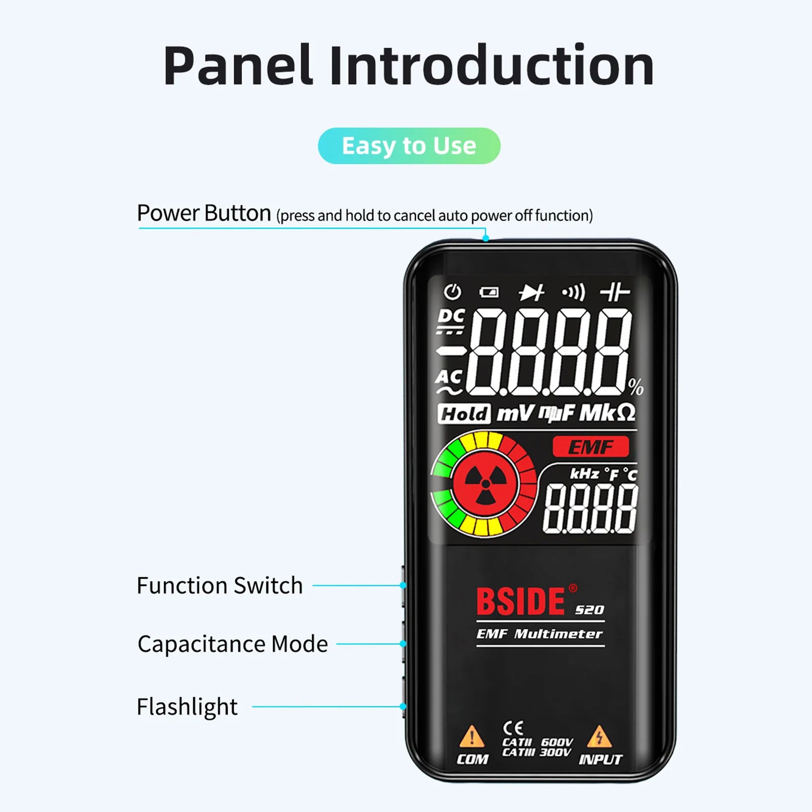 Multímetro EMF inteligente BSIDE S20/A10/A1, 9999 cuentas, recargable, monitor de radiación, voltímetro CA/CC, ohmímetro, prueba