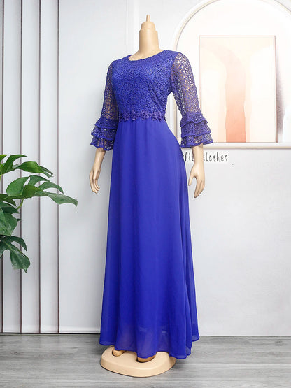 L-3XL African Dresses for Women Spring Autumn African Women Three Quarter Sleeve Polyester Solid Color Long Dress Maxi Dress