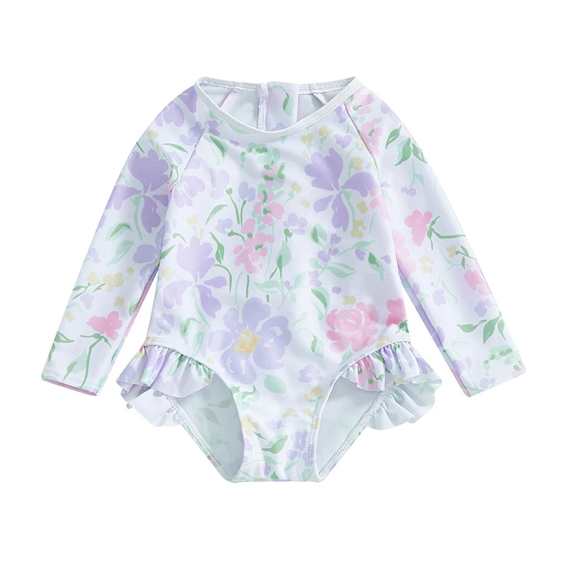 Traje de baño de verano para niñas pequeñas, estampado floral, sin espalda, con volantes, manga larga, ropa de playa para niñas de 0 a 4 años