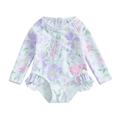 Traje de baño de verano para niñas pequeñas, estampado floral, sin espalda, con volantes, manga larga, ropa de playa para niñas de 0 a 4 años