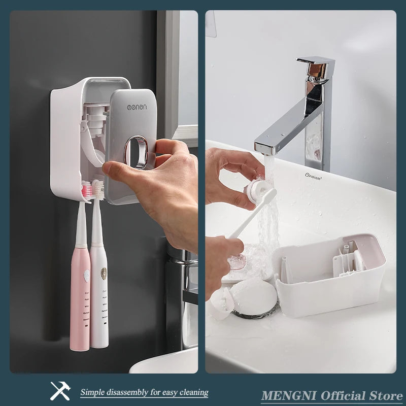 Dispensador de Pasta de Dente MENGNI – Suporte de Parede para Banheiro com Espremedor de Pasta e Porta-Escovas (Instalação sem Furos / Operação Manual)