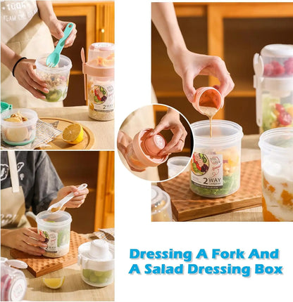 ¡Lleve tazas de desayuno, tazas de ensalada, cereales de yogur, bocadillos de avena, recipientes para parfait y soportes para aderezos para ensaladas con tenedores!