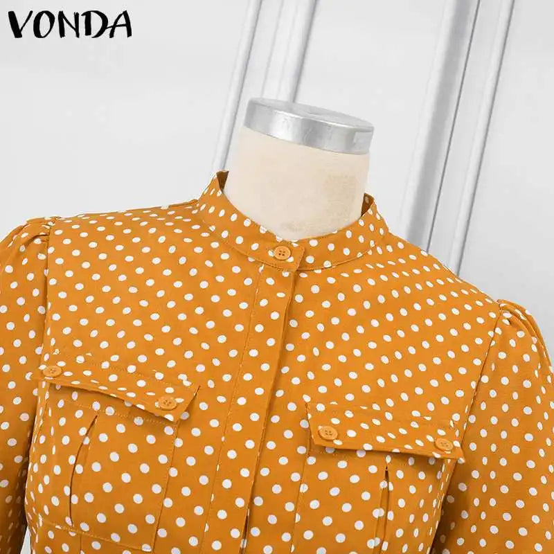 Plus Size 5XL VONDA Elegant Jumpsuist Women 2024 Autumn Polka Dot Rompers Long Lantern Sleeve Casual Long Overalls Playsuits