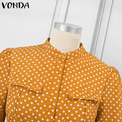 Plus Size 5XL VONDA Elegant Jumpsuist Women 2024 Autumn Polka Dot Rompers Long Lantern Sleeve Casual Long Overalls Playsuits