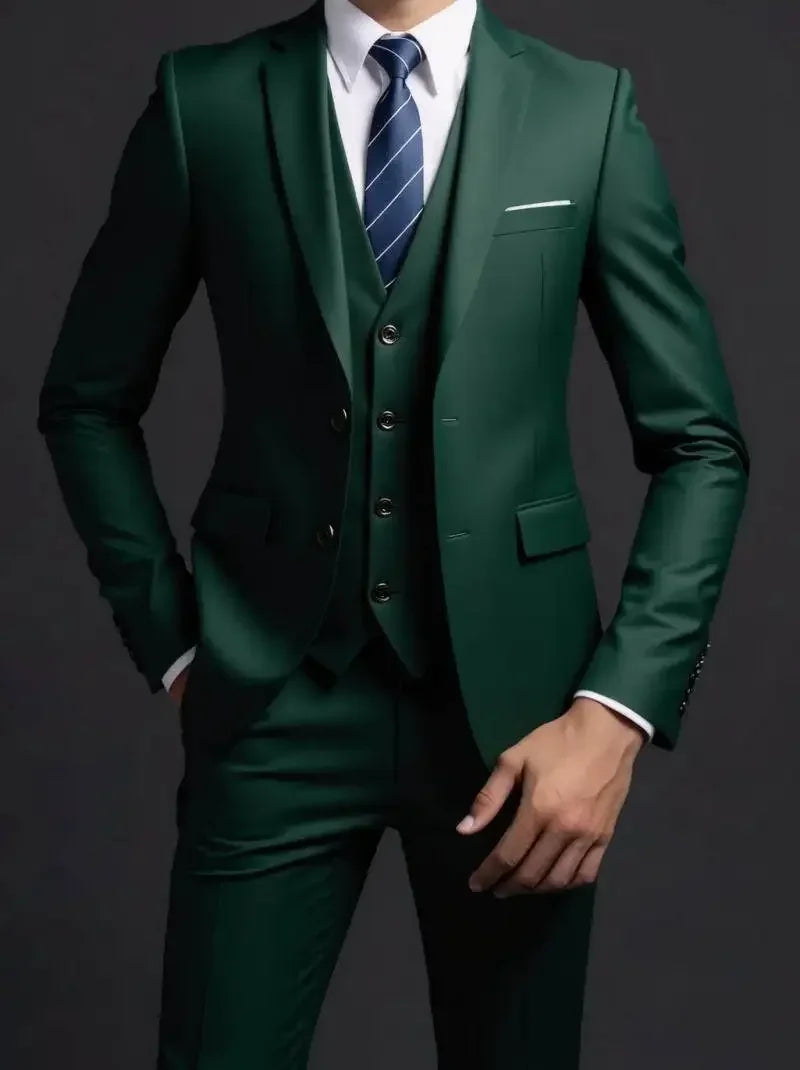 Men's Fashionable Gentleman Business British Style Solid Color Banquet Host Casual Wedding Suit (Blazer + Vest + Trousers)