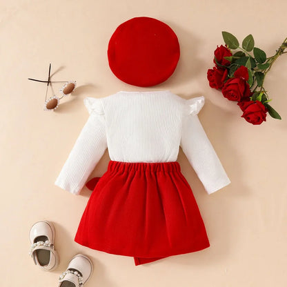 MILANCEL 0-3Y Baby Girls Clothing Set Big Bow Blouse And Red Skirt With Beret 3 PCS Girls Clothes Suit Infant Girls Outwear