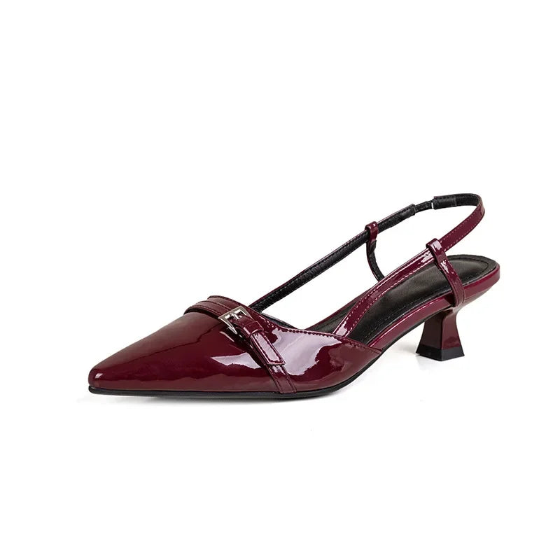 2024 New Summer French Wine Red Pointed Patent Leather Mid-Heel Overhead Sandals for Women Retro Skinny Heel Open-Back Shoes