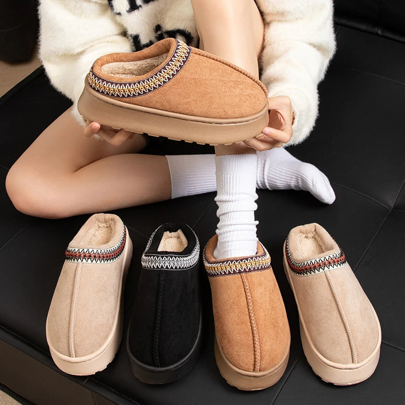 Feslishoet-chinelos antiderrapantes de pelúcia para mulheres, fundo grosso, sapatos interiores quentes, chinelos de interior e exterior, moda, inverno