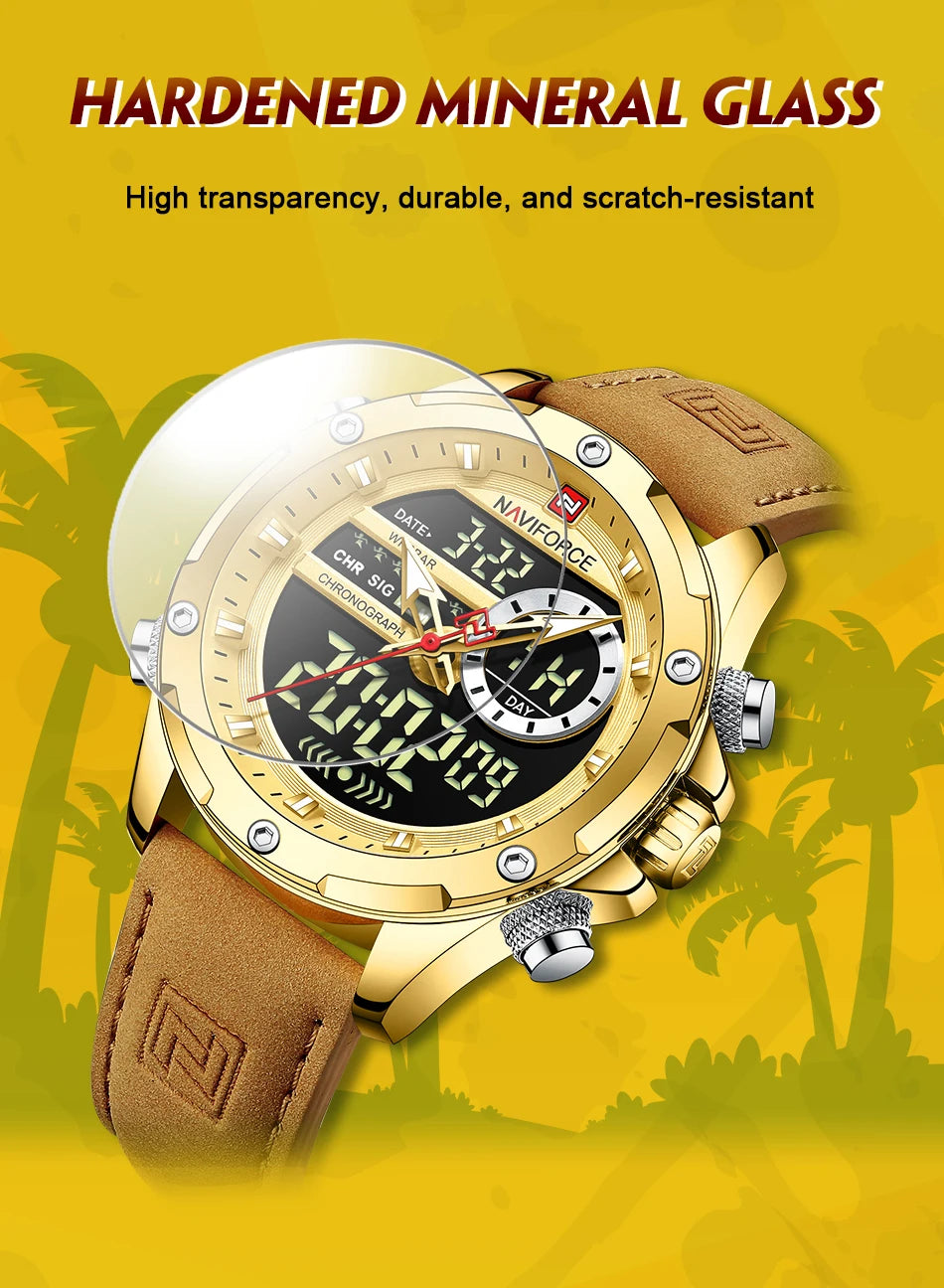 NAVIFORCE Luxury Original Watches For Men Casual Sport Chronograph Alarm Quartz WristWatch Leather Waterproof Digital Clock 9163