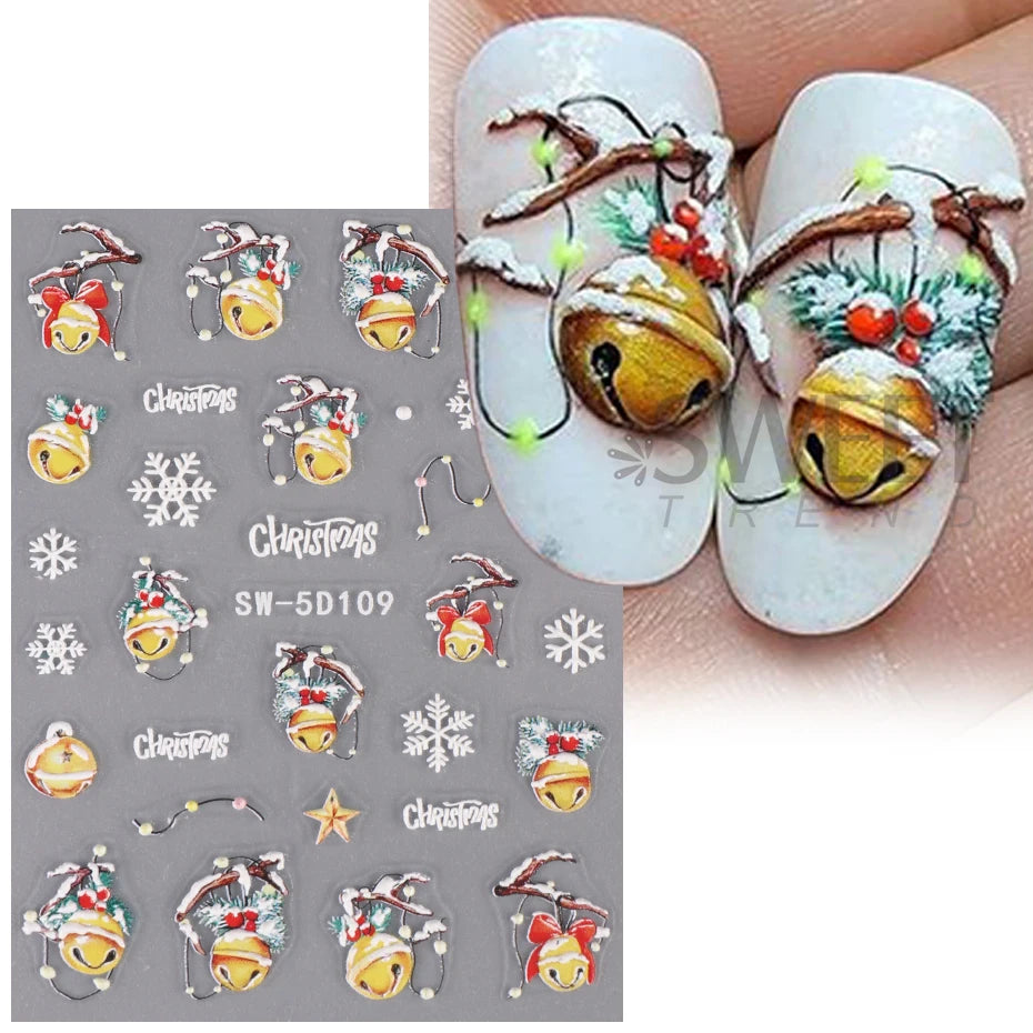 5D Red Christmas Nail Stickers Glitter Embossed Snowflake Gloves Feather Bulb Bells Winter Xmas DIY Engraved Manicure Decoration