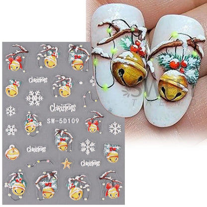 5D Red Christmas Nail Stickers Glitter Embossed Snowflake Gloves Feather Bulb Bells Winter Xmas DIY Engraved Manicure Decoration