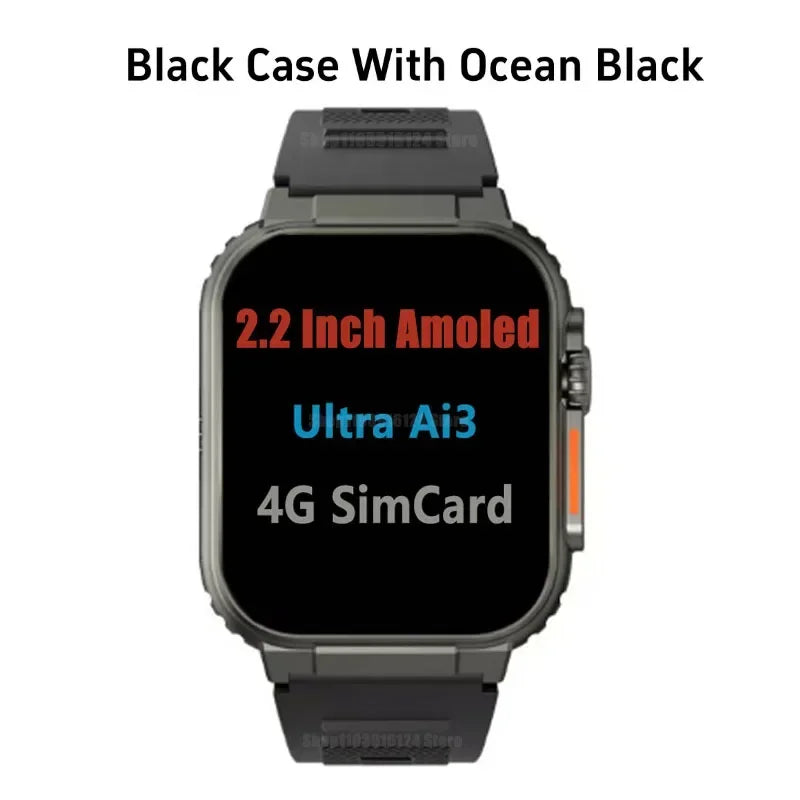 New Ultra Ai 3 Android Smartwatch 4G full network sim Card GPS WIFI 180°Hd Camera APP Download health monitoring Smart Watch Men