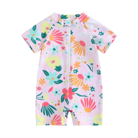 Traje de baño para niñas pequeñas, con protección contra erupciones, con cremallera, manga corta, estampado floral, para bebés