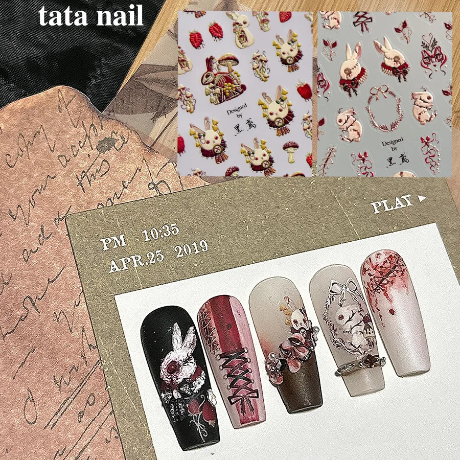Thorns Rose Bloody Bunny 5D Embossed Reliefs Self Adhesive Nail Art Stickers Dark Style 3D Nail Decorations Decals Wholesale