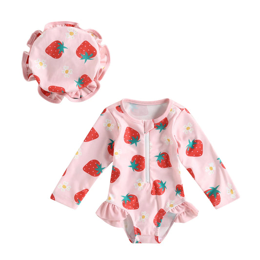 Conjunto de traje de baño VISgogo para niña pequeña, con protección contra erupciones, de verano, de manga larga y estampado de fresas, con sombrero para el sol, para recién nacida.